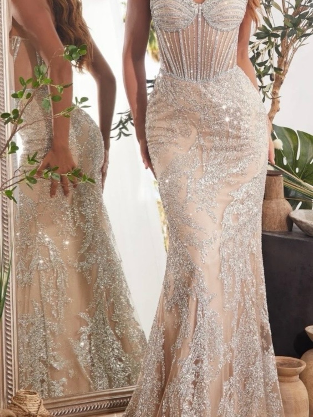 Sparkling Nude Sequin and rhinestone corset style Mermaid Evening Dress